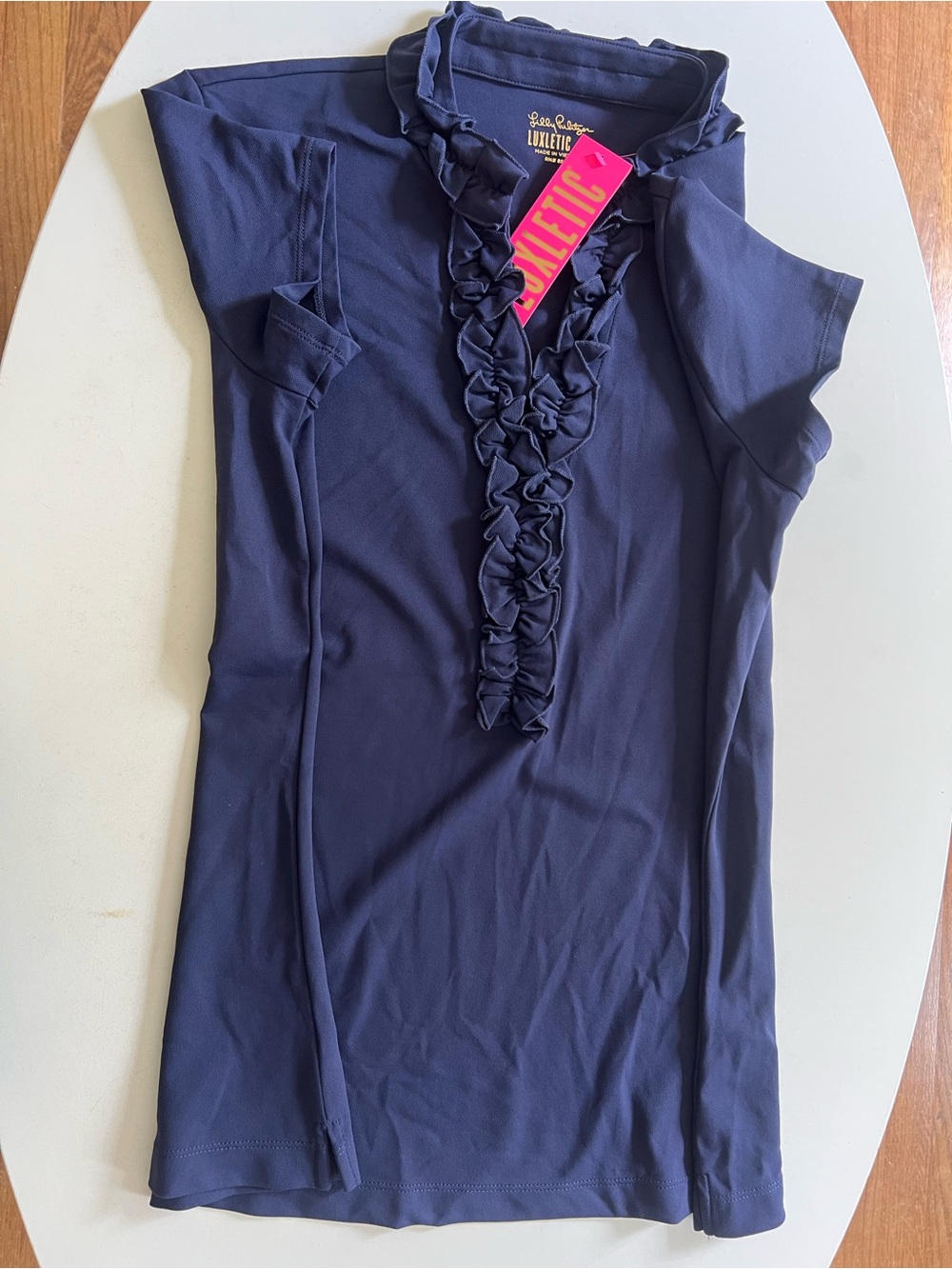 Lilly Pulitzer Luxletic Frida Ruffle Polo UPF 50+ Navy Size L NWT - Picture 2 of 6